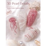 3D Jellyfish Shell Press‑On Nails, Pink‑White Ocean‑Style Almond False Nails with Pearl Rhinestones